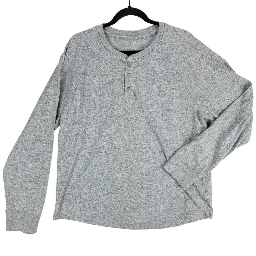 Men's XL Henley Long Sleeve Shirt Gray Cotton Blend 3 Button Ribbed Cuffs Gap